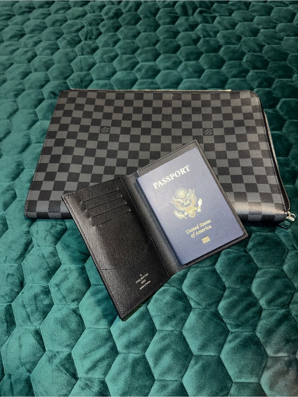 Black Checkered Travel Pouch and Passport Wallet Set - Black